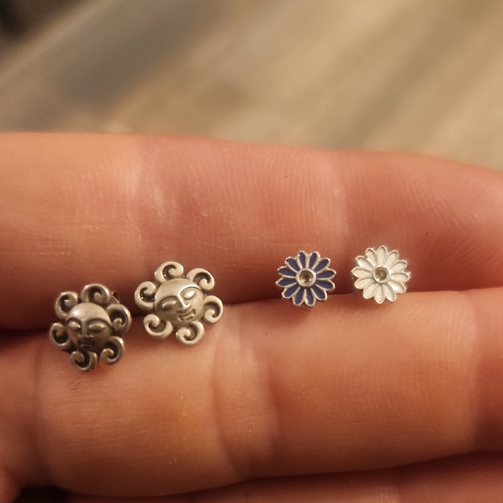 Silver Sun and Flower Stud Earrings